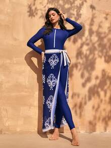 Swim Mulvari Spring/Summer Hot Selling Beach Vacation Casual Zip-Front Jumpsuit + Elastic Waist Pants + Print Mesh Coverup 3 Pieces Set - Multicolor - View 3