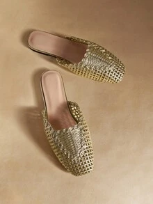 Rosivie Women's New Fashion Woven Hollow Slip-On Flat Square Toe Loafers - Gold - View 1