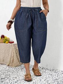 EMERY ROSE Mature Denim 大码女式腰带口袋宽松休闲七分牛仔裤，情人节、夏季、海滩、派对、优雅聚会、外出、春夏度假户外休闲牛仔裤，透气夏季 - 藍色 - 查看 3