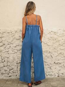 Brillora Women's Vacation Frill Trim Wide Leg Loose Casual Denim Jumpsuit Summer Outfits Spring Clothing Spring Outfit Women  Easter Jumpsuit Women  Festival Outfits For Women Beach Outfit Graduation Jumpsuit Casual Jumpsuit For Women Vacation Outfits Women Holiday Outfits For Women Beach Vacation Outfits For Women Women's Sleeveless Denim Jumpsuit With Spaghetti Straps And Wide Leg For Summer Casual Outfits - Light Wash - View 2