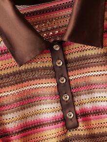 Lacomfia Camiseta holgada de manga corta, cómoda y versátil, con estampado de rayas de jacquard de colores para mujer de talla grande - Multicolor - Ver 4