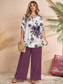 Rusticease 大码印花短袖上衣和纯色长裤两件套，休闲度假装 - 彩色 - 查看 7