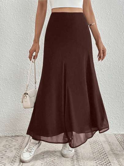 Almamuse تنورة ماكسي طويلة ذات خصر عالي من الشبك للنساء باللون البني، تنورة طويلة مع شق، تنورة غير متماثلة، تنورة حرير، تنورة أنيقة