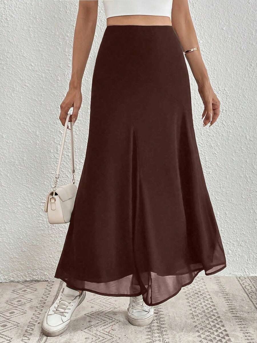 Almamuse Váy maxi dài cạp cao bằng vải lưới màu nâu dành cho nữ, váy dài xẻ tà, váy bất đối xứng, váy lụa, váy thanh lịch. - màu nâu - Xem 1