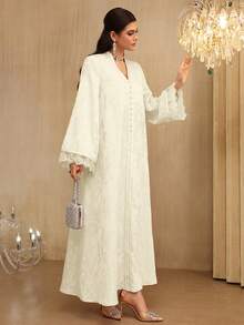 SHEIN Najma 女士V领优雅提花缎带蕾丝拼接长袖喇叭连衣裙 - 杏色 - 查看 1