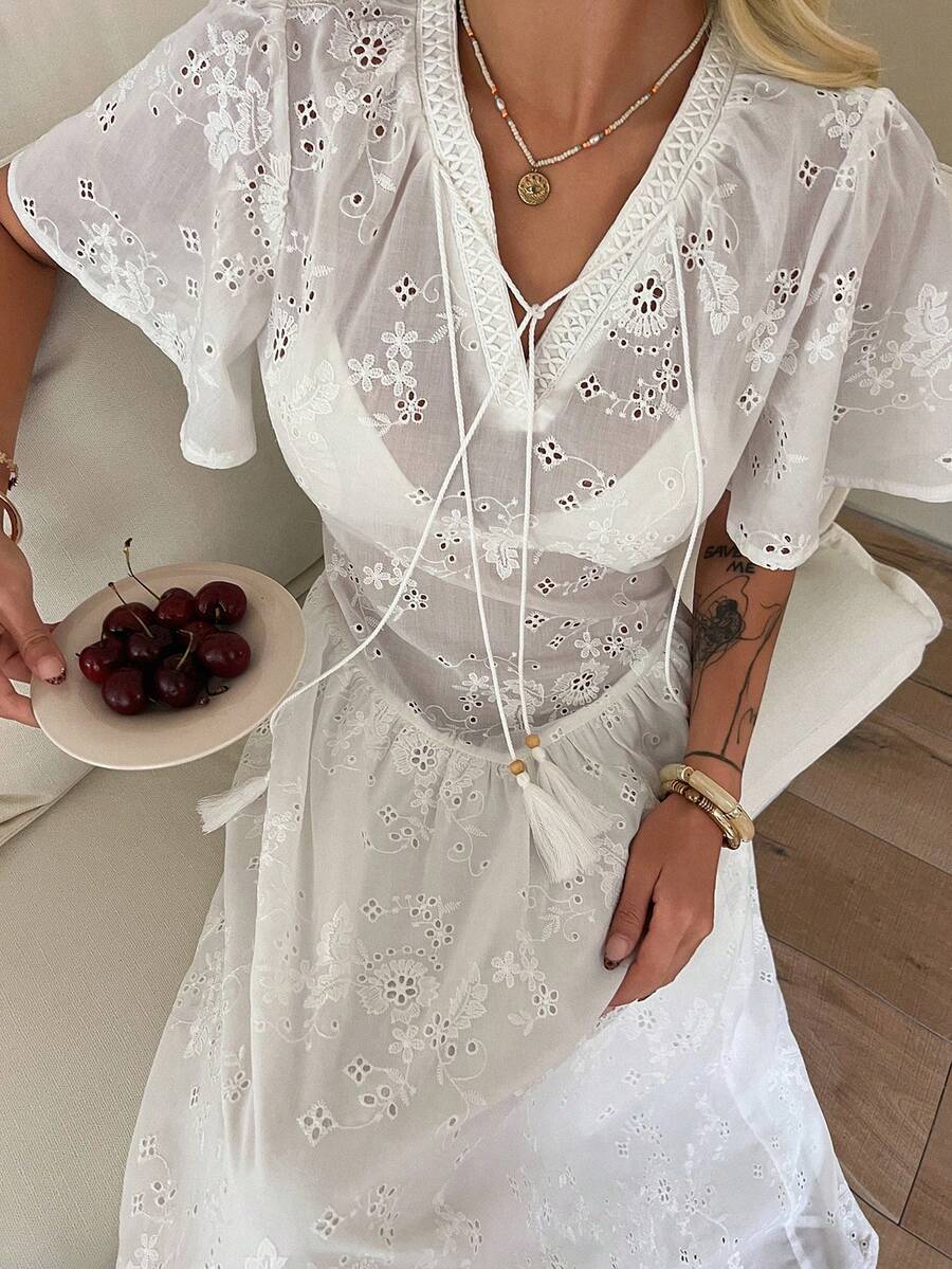 DAZY Đầm maxi nữ kiểu dáng thường ngày, màu trơn, thêu họa tiết rỗng, thích hợp cho kỳ nghỉ hoặc phong cách boho. - trắng - Xem 1