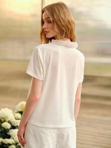 MOTF PREMIUM Blusa de mujer con cuello en V, encaje de contraste, manga corta y volantes, para primavera/verano - Blanco - Ver 2