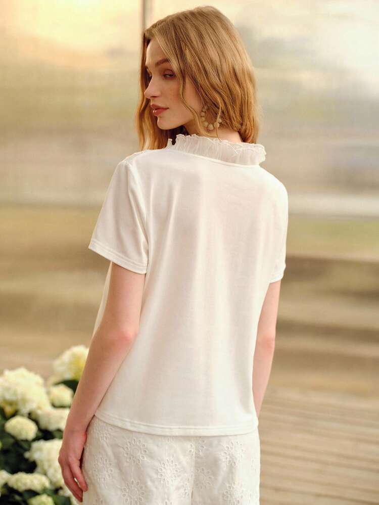 Blusa de mujer con cuello en V, encaje de contraste, manga corta y volantes, para primavera/verano
