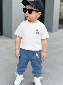 Baby Boys Casual Minimalist Round Neck Short Sleeve Pants Set, Classic Cool Stylish Simple Letter A Print - Multicolor - View 1