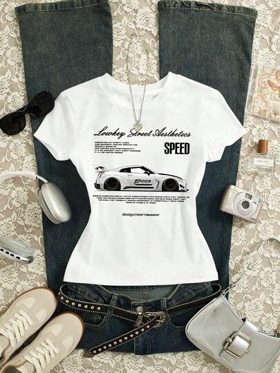 Glimmora Women's Casual Car Slogan Print Round Neck Short Sleeve T-Shirt