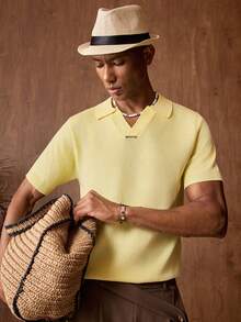 AKNOTIC Business Casual Men's Solid Color Polo Collar Short Sleeve Casual Knit Top - Yellow - View 3