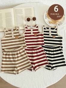LMoss Kids Bộ 6 món áo ba lỗ và quần short dệt kim kẻ sọc cho bé trai, kiểu dáng thường ngày. - Nhiều màu - Xem 4