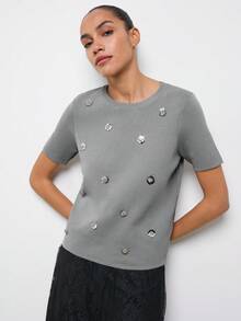 Maija Áo thun nữ cổ tròn tay ngắn đính sequin họa tiết hoa, kiểu dáng thường ngày, đa năng, thích hợp mặc hàng ngày, mùa hè, kỳ nghỉ hè, mùa xuân, dự tiệc, đi biển, đi chơi, thanh lịch, áo sequin lấp lánh. - Màu Xám nhạt - Xem 3