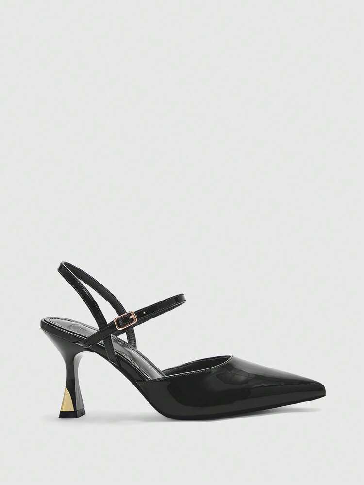 CUCCOO BIZCHIC Women Shoes Women's Pointed Thin High Heel Black Mirror Back Ankle Strap Women's High Heel Shoes Stylish And Comfortable Commuters Business Versatile Women's Slingback Shoes