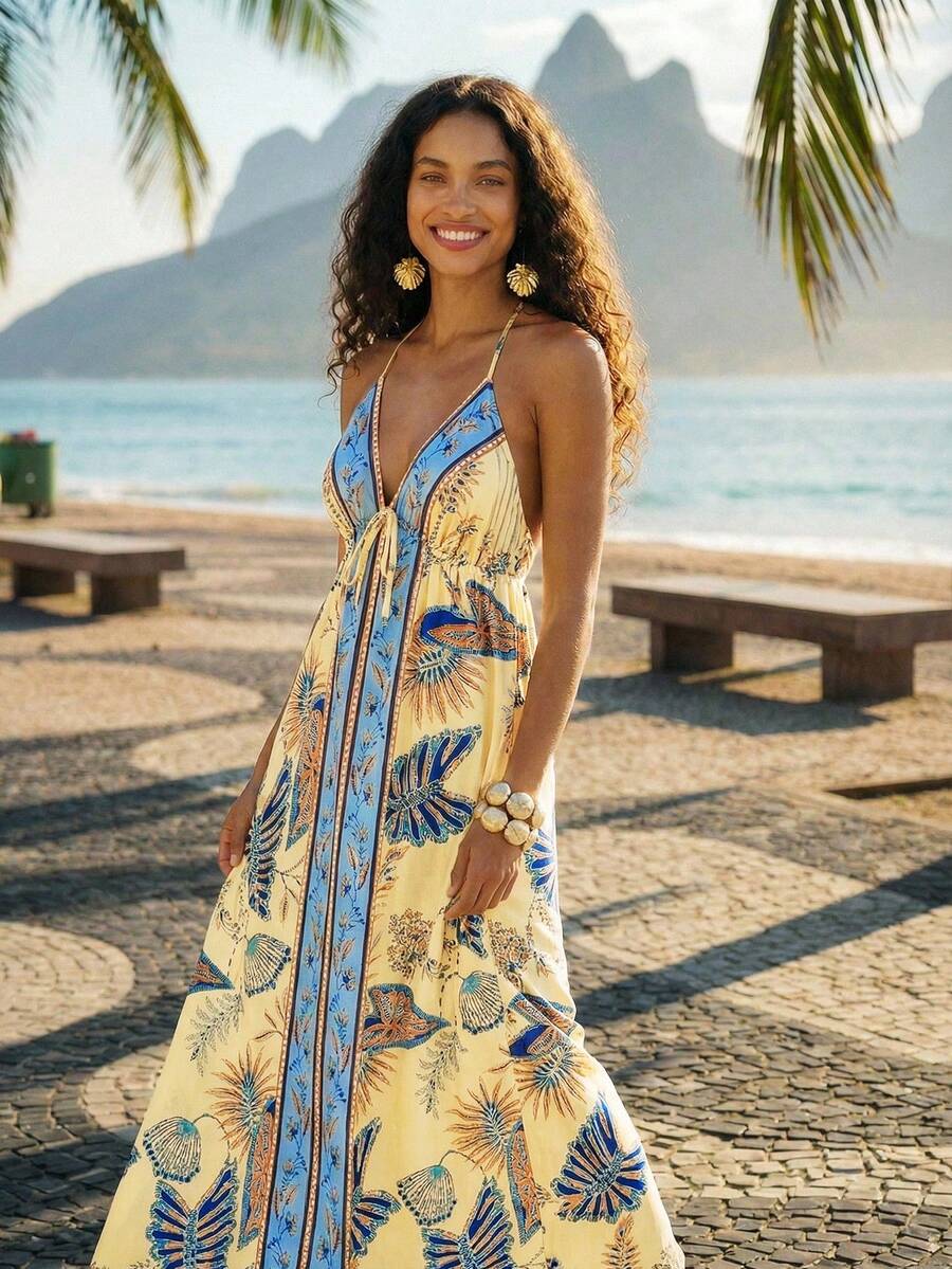 CAJUNI 女士度假热带波西米亚印花吊带系带休闲沙滩夏季长裙 - 黃色 - 查看 1