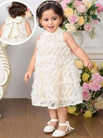 Baby Girl Floral Mesh Embroidered Collar Back Bow A-Line Dress, Apricot Color