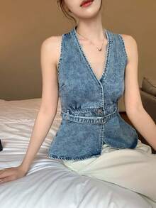 DAZY 女士V领韩版做旧牛仔休闲衬衫 - 藍色 - 查看 5