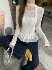 DAZY 女士透视蕾丝荷叶边领长袖T恤，性感轻盈防晒百搭上衣 - 白色 - 查看 6