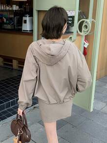 DAZY 女士高端长袖连帽风衣外套和裙子两件套 - 咖啡棕 - 查看 2