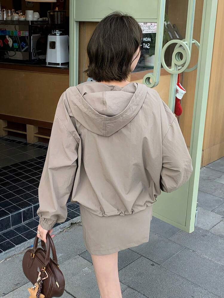 2pcs Women's High-End Long Sleeve Hooded Windbreaker Jacket And Skirt Set