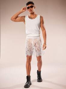 FeverCity Men's Sexy Floral Lace Shorts - White - View 3