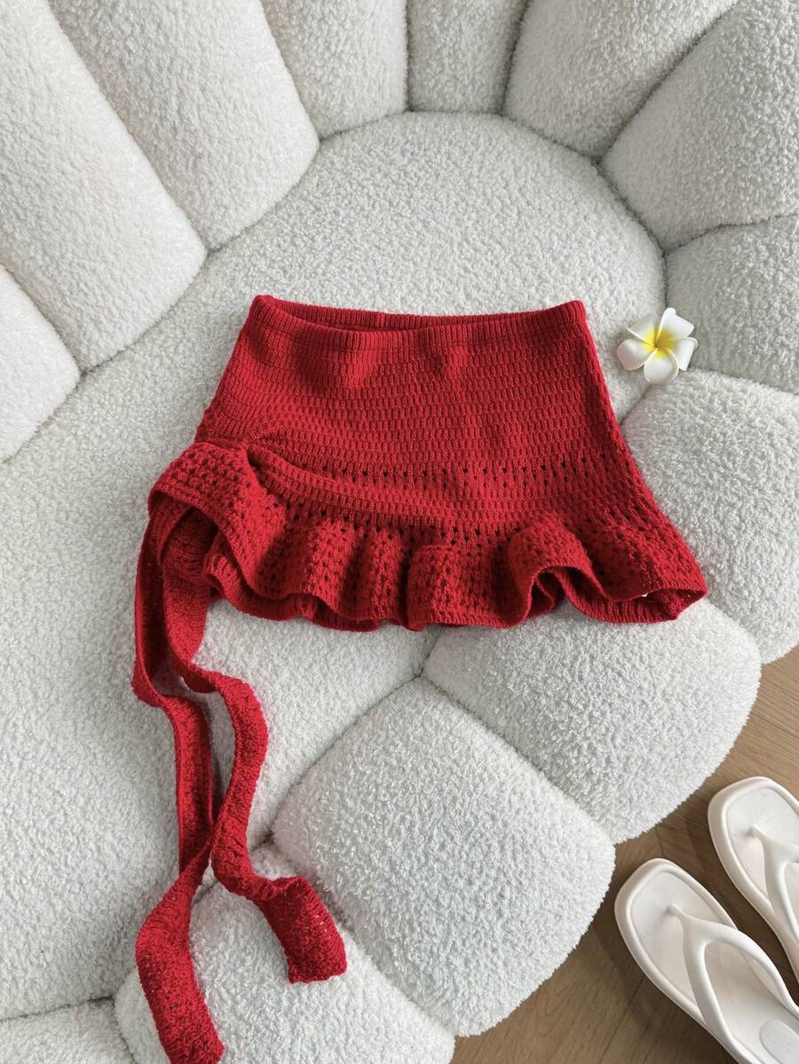 Elamini Women's Red Skirt, Fashion Summer Beach , Low Waist Hollow Out Ruffled Hem Mini Skirt, Versatile Sweet Vacation Style - Red - View 1