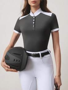 With My Calm Áo thể thao cưỡi ngựa ôm dáng cổ polo phối màu tương phản dành cho nữ - Nhiều màu - Xem 2