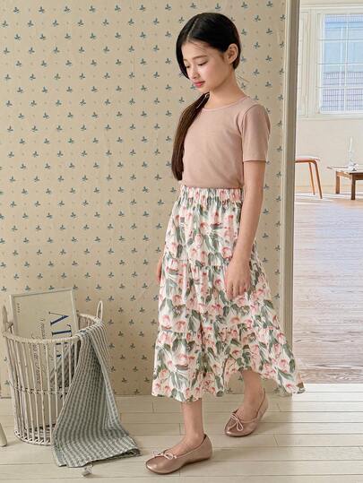 DAZY Plus Size Girls' Solid Color Crew Neck T-Shirt And Printed Elastic Waist Maxi Skirt Set