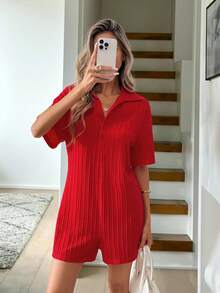 Easowa Red Knitted Jacquard Polo Collar Romper For Women, Loose & Comfortable Short Sleeve Cropped Jumpsuit, Suitable For Valentine's Day, Casual, Leisure, And Office Wear Chic Red Textured Knit Romper For Women Short Sleeve Button Front Polo Jumpsuit Summer Fashion Summer Outfits  Spring Outfit Women  Valentine Outfits For Women - Red - View 2