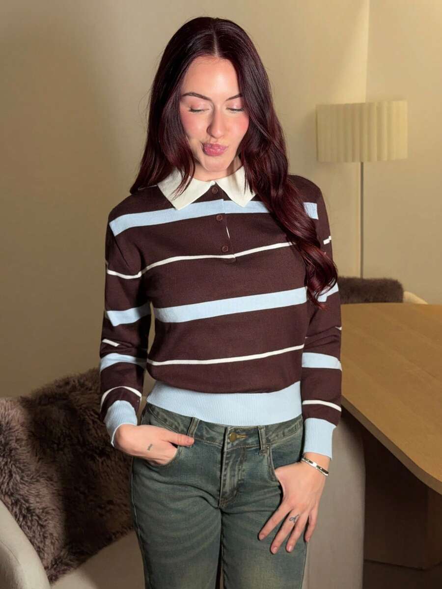Abrilcols Women's Autumn/Winter Collegiate Style Polo Collar Contrast Striped Brown And Blue Loose Knit Sweater,Brown Sweater,Fall - Multicolor - View 1