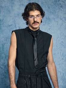 ROMWE MEN Áo sơ mi nam không tay, màu trơn, cài một hàng khuy, kiểu dáng casual, thiết kế hình que tăm. - màu đen - Xem 1