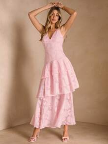 Enchnt V-Neck Cutout Waist Flattering Vacation Dress - Pink - View 4