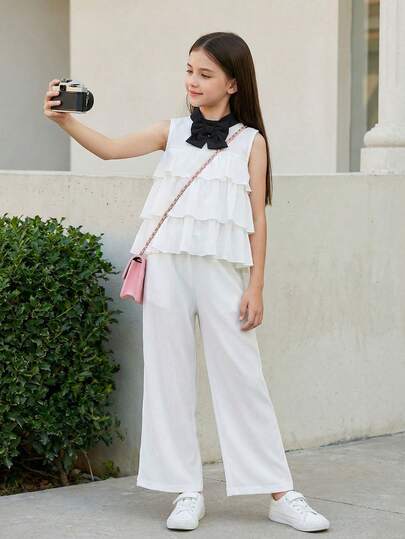 Girls' Crinkle Minimalist Elegant Halter Contrast Color Button Bow Decor Top And Pants Set, Spring/Summer