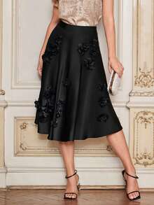 Amorya 女士纯色3D立体花卉装饰简约设计优雅半身裙，春夏度假妇女节优雅职场装，妈妈节礼物，节日海滩约会之夜 - 黑色 - 查看 1