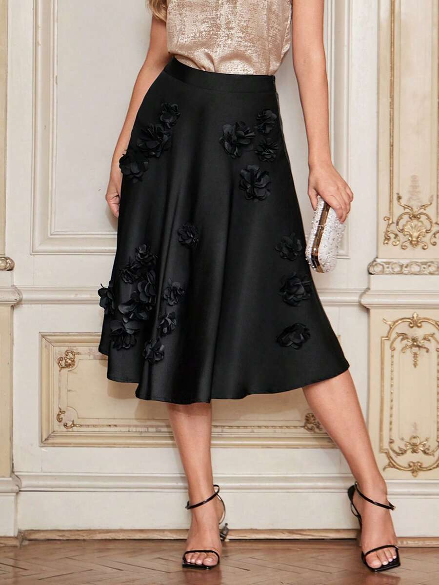 Amorya 女士纯色3D立体花卉装饰简约设计优雅半身裙，春夏度假妇女节优雅职场装，妈妈节礼物，节日海滩约会之夜 - 黑色 - 查看 1