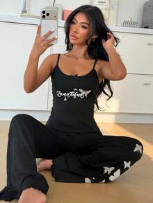 ZzzCrew Women's Casual Butterfly & Letter Print Camisole And Flare Leg Pants Pajama Set - Black - View 3