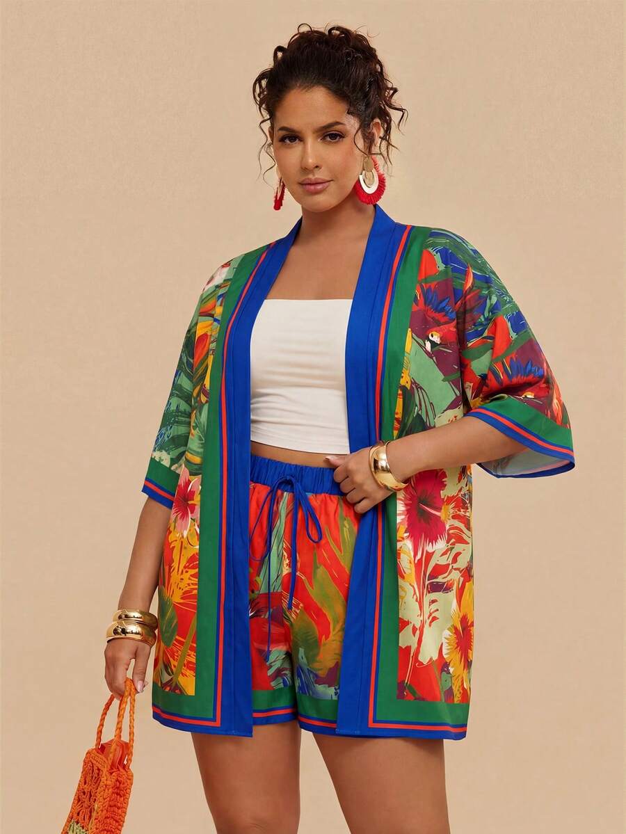 Travachic 大码女式夏季热带印花衬衫短裤两件套，宽松短袖和服式上衣，松紧腰短裤夏季套装 - 墨綠色 - 查看 1