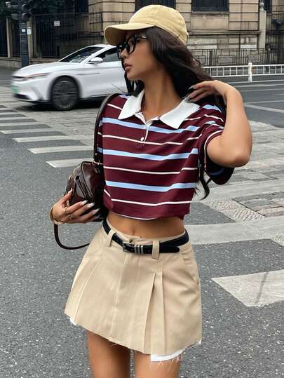 Coolane Spring Clothes Women Streetwear Going Out Back To School College Students Outfit Preppy Vintage Homecoming Y2K Daily Wear Casual Old Money Stretchy Comfortable Burgundy And Blue Striped Crop POLO T-Shirt,Summer Outfits For Women,
