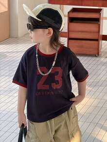 DAZY Young Boy Summer Casual Contrast Trim Numeric Print Round Neck Short Sleeve T-Shirt - Navy Blue - View 5