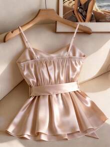 Franclia 细肩带+珍珠饰边/蝴蝶结收腰优雅上衣/温柔优雅吊带衫 - 杏色 - 查看 2