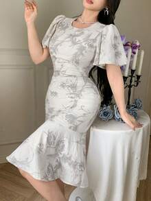 DAZY Women's Round Neck Raglan Short Sleeve Fitted Elegant Mid-Length Summer Dress - Light Grey - View 4