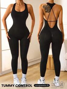 Slayform 女士无缝系带露背修身瑜伽健身连体裤 - 黑色 - 查看 1