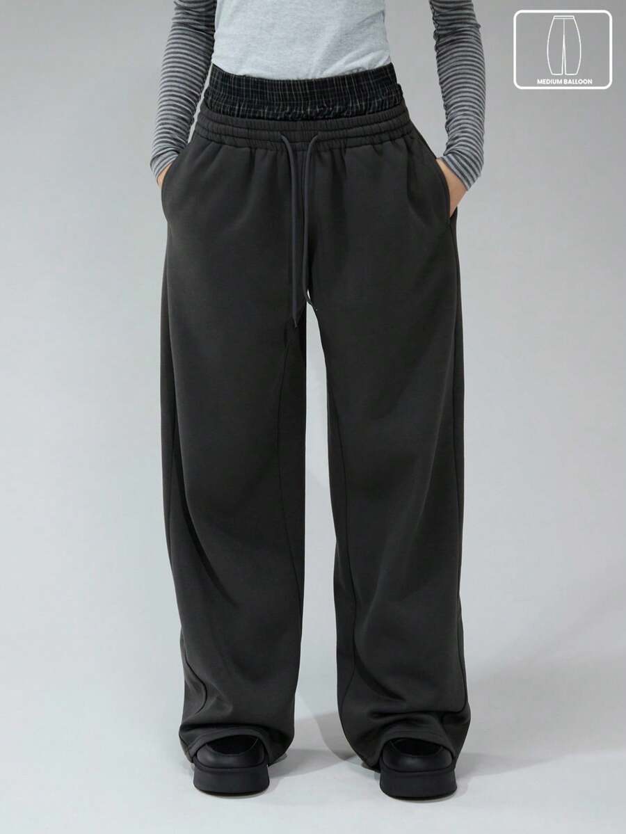 COUREZ Quần jogger ống rộng cạp thấp, kiểu boxer kẻ caro/phong cách Y2K mùa đông cho nữ, quần ống rộng cho nữ, quần thể thao cho nữ, trang phục mùa hè cho nữ. - Màu xám đen - Xem 1