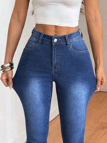 SHEIN PETITE Women's Fashion Casual Washed Slant Pocket Skinny Jeans - Medium Wash - View 3