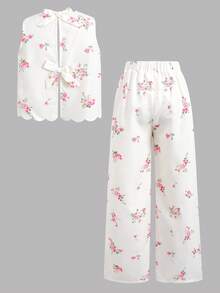 SHEIN Tween Girls' Casual Crew Neck Sleeveless Ditsy Floral Top And Pants Set - Multicolor - View 7