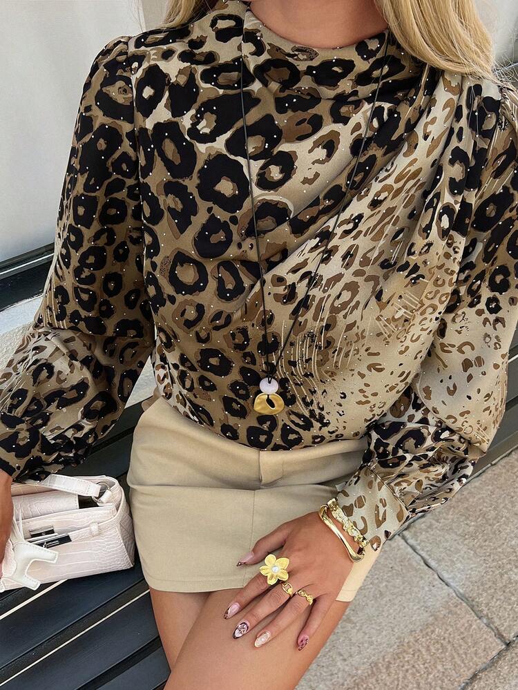 Women's Elegant Leopard Print Stand Collar Long Sleeve Pullover Shirt