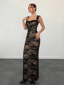 Aloruh Đầm ren đen ôm dáng, cổ vuông, dây bản rộng, thanh lịch dành cho nữ, thích hợp cho tiệc tùng, hẹn hò, sinh nhật. - màu đen - Xem 3