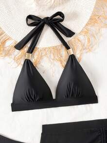 Swim Lushoire Bộ 3 món đồ bơi nữ màu đen trơn, chất liệu dệt kim, có dây buộc phía sau. - màu đen - Xem 7