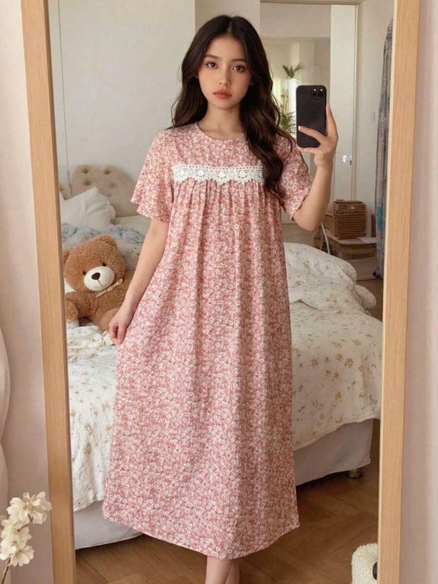 SHEIN 少女碎花休闲睡袍家居服 - 杏色 - 查看 1
