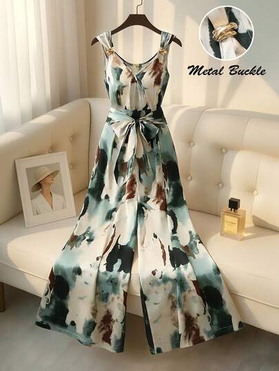 Franclia Summer New Ink Dye Satin Slip Dress: Criss-Cross V-Neck + Metal Buckle Shoulder Straps + Waist Drawstring Design, Luxurious Shiny Fabric Flattering And Slimming, Suitable For Dates, Vacations, Commuting, Vintage Chinese Style Print + Flowing Maxi Skirt, High-Quality Elegant Jumpsuit Suitable For All Body Types Casual Jumpsuits For Woman Women Maxi Jumpsuit Wide Leg Jumpsuit Women Summer Jumpsuit Floral Print Jumpsuit Sleeveless Jumpsuit Patterned Jumpsuit Long Jumpsuit Summer Printed Jumpsuit Women Strappy Wide Leg Jumpsuit